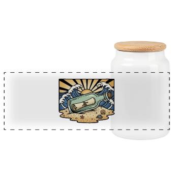 Bottle Message Ocean Sun Waves Retro - Panoramic Cookie Jar with Wooden Lid - white - Front