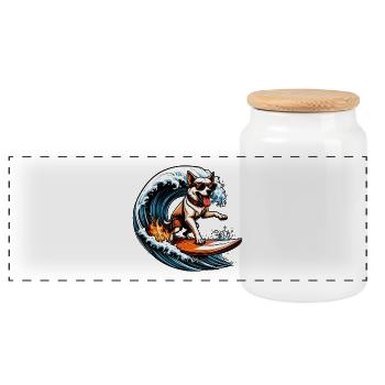 Chien de surf avec une planche à flammes - Boîte à biscuits avec couvercle en bois - blanc - Devant