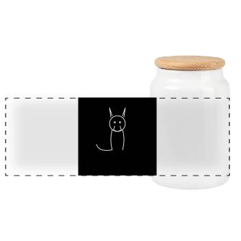 Minimalist cat on black - Panoramic Cookie Jar with Wooden Lid - white - Front