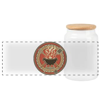 Retro BBQ Grill Flammen Badge - Panorama Keksdose mit Holzdeckel - Weiß - Vorne