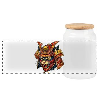 Art d’anime japonais de chat samouraï - Boîte à biscuits avec couvercle en bois - blanc - Devant