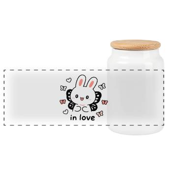 Rabbit in Love Surrounded by Butterflies - in Love - Panoramic Cookie Jar with Wooden Lid - white - Front