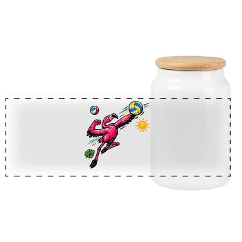 Flamingo playing volleyball in the sunlight - Panoramic Cookie Jar with Wooden Lid - white - Front