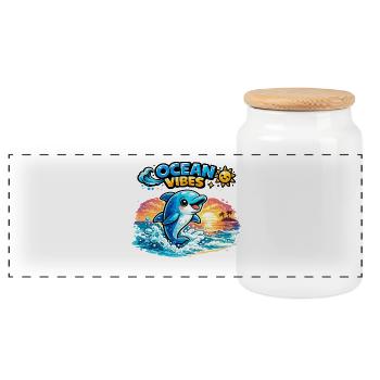 Ocean Vibes Dolphin Sunset - Panoramic Cookie Jar with Wooden Lid - white - Front
