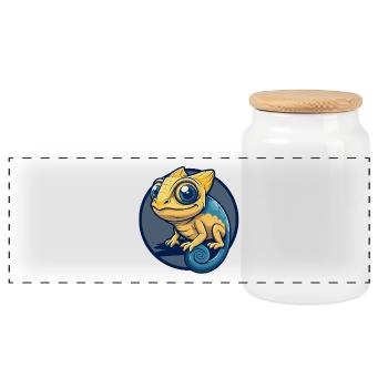 Chameleon Kawaii Maskottchen Cartoon Clipart Logo Abzeichen - Panorama Keksdose mit Holzdeckel - Weiß - Vorne