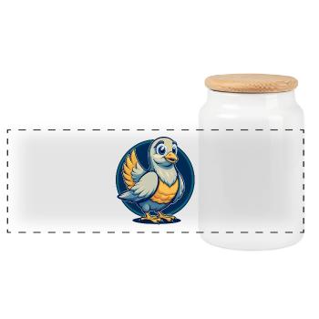 Dove Kawaii Maskottchen-Cartoon-Charakter-Clipart-Logo - Panorama Keksdose mit Holzdeckel - Weiß - Vorne