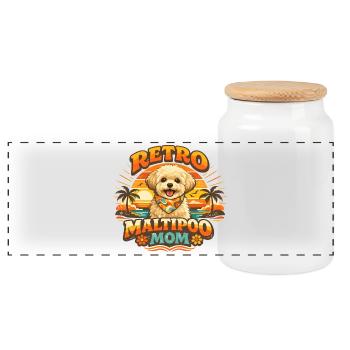 Retro Maltipoo Mom: 70er Jahre Sunset Design - Panorama Keksdose mit Holzdeckel - Weiß - Vorne