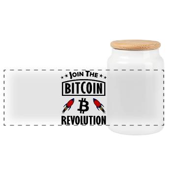 Bitcoin Rocket Launch - Panoramic Cookie Jar with Wooden Lid - white - Front
