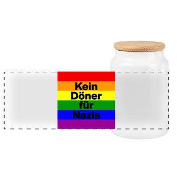 NO KEBAB FOR NAZIS, NEVER AGAIN IS NOW, NO NZS - Panoramic Cookie Jar with Wooden Lid - white - Front