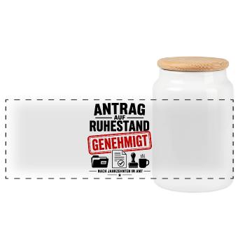 Antrag auf Ruhestand genehmigt - Panorama Keksdose mit Holzdeckel - Weiß - Vorne