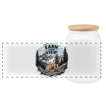 Hiking - Outdoor Adventure - Earn Your View - Panoramic Cookie Jar with Wooden Lid - white - Front