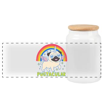Pugicorn Niedlicher Kawaii Einhorn Mops Regenbogen - Panorama Keksdose mit Holzdeckel - Weiß - Vorne