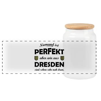 Dresden: Perfekt aus Sachsen - Panorama Keksdose mit Holzdeckel - Weiß - Vorne