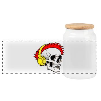 Crâne punk avec écouteurs et crête rouge - Boîte à biscuits avec couvercle en bois - blanc - Devant