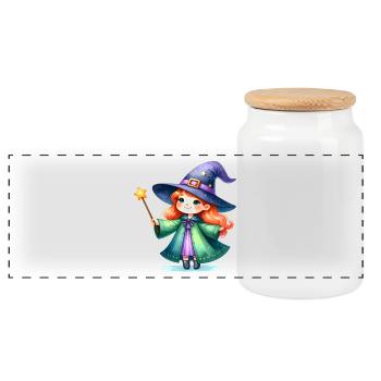 Petite fille en sorcière avec un bâton – Dessin de bande dessinée - Boîte à biscuits avec couvercle en bois - blanc - Devant