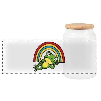 Relaxender Frosch unter dem Regenbogen - Panorama Keksdose mit Holzdeckel - Weiß - Vorne