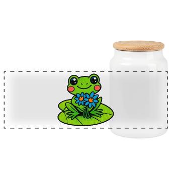 Fröhlicher Frosch mit Blumenstrauß - Panorama Keksdose mit Holzdeckel - Weiß - Vorne