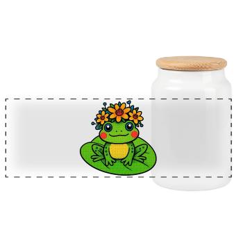 Frosch mit bunter Blumenkrone - Panorama Keksdose mit Holzdeckel - Weiß - Vorne