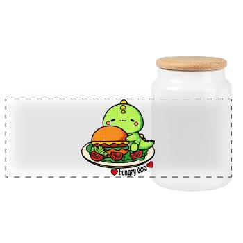 Dinosaure affamé avec un énorme burger - Boîte à biscuits avec couvercle en bois - blanc - Devant