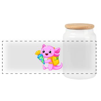Axolotl avec cône d’école pour l’inscription scolaire – Kawaii - Boîte à biscuits avec couvercle en bois - blanc - Devant