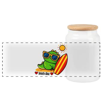 Dinosaure de plage avec planche de surf - Boîte à biscuits avec couvercle en bois - blanc - Devant