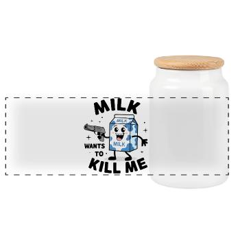 Milch will mich umbringen – Milchallergie - Panorama Keksdose mit Holzdeckel - Weiß - Vorne