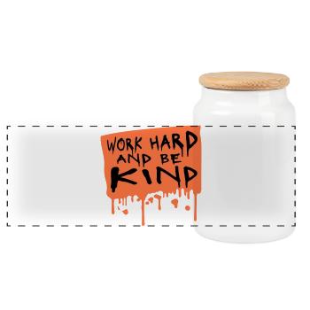Work Hard And Be Kind Inspirierend Fleiß Güte Logo - Panorama Keksdose mit Holzdeckel - Weiß - Vorne