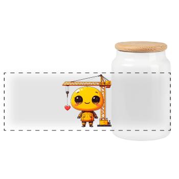 Bauarbeiter mit gelbem Kran – Kawaii-Baustelle - Panorama Keksdose mit Holzdeckel - Weiß - Vorne