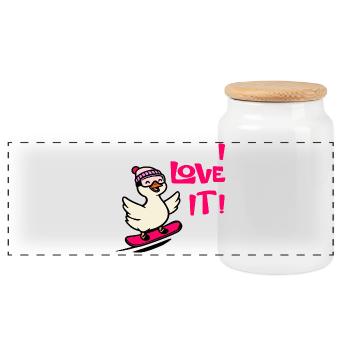 Goose Love Skiing - Panoramic Cookie Jar with Wooden Lid - white - Front