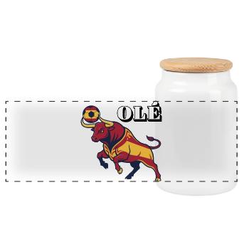 Spanish Bull Football Art - Panoramic Cookie Jar with Wooden Lid - white - Front