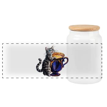Un chaton gris devant une magnifique tasse de lait - Boîte à biscuits avec couvercle en bois - blanc - Devant