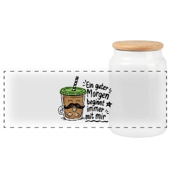 Good Morning Mustache Coffee Doodle - Panoramic Cookie Jar with Wooden Lid - white - Front