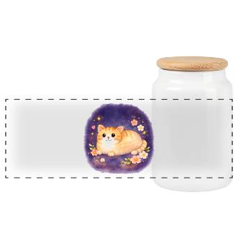 Moonlit Kitten Among Flowers - Panoramic Cookie Jar with Wooden Lid - white - Front