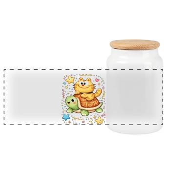 Kawaii Cat Rides Turtle - Panoramic Cookie Jar with Wooden Lid - white - Front