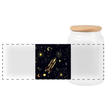 Golden Rocket in Cosmic Orbit - Panoramic Cookie Jar with Wooden Lid - white - Front