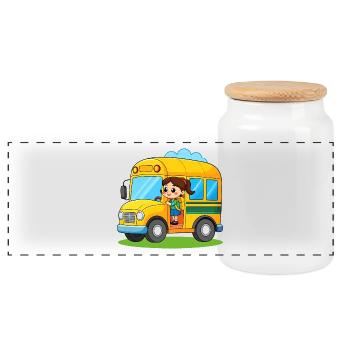 Inscription scolaire : filles et bus scolaire jaune – école - Boîte à biscuits avec couvercle en bois - blanc - Devant
