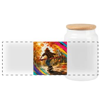 Autumn Skate: Enjoy Life Rolling - Panoramic Cookie Jar with Wooden Lid - white - Front