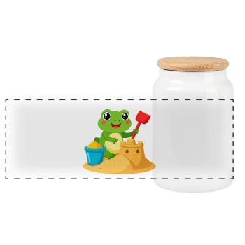 Grenouille de Kawaii avec pelle, seau et château de sable - Boîte à biscuits avec couvercle en bois - blanc - Devant