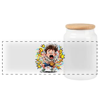 Cartoon boy in energy shock - Panoramic Cookie Jar with Wooden Lid - white - Front