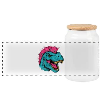 Punk tyrannosaurus with a mohawk - Panoramic Cookie Jar with Wooden Lid - white - Front