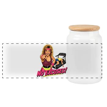 Funny 80s Gym Instructor No Excuses Retro Fitness - Panoramic Cookie Jar with Wooden Lid - white - Front
