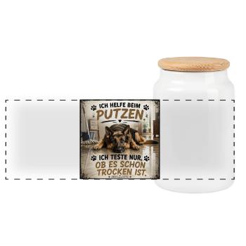 Hund beim Putzen Trockenprobe Shirt - Panorama Keksdose mit Holzdeckel - Weiß - Vorne