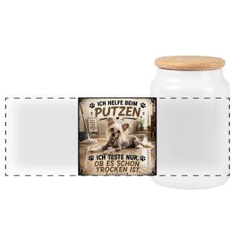 Putz-Hund: Trocken-Test Humor - Panorama Keksdose mit Holzdeckel - Weiß - Vorne