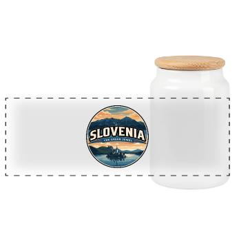 Retro Slovenia Lake Bled Badge - Panoramic Cookie Jar with Wooden Lid - white - Front