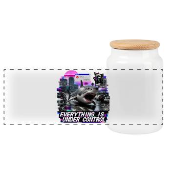 Everything Is Under Control - Glitch Art Shark - Panoramic Cookie Jar with Wooden Lid - white - Front