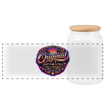 Insigne rétro des années 1980 Neon Synthwave Original 1983 - Boîte à biscuits avec couvercle en bois - blanc - Devant