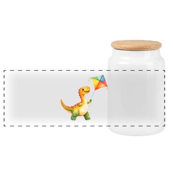 Dinosaur flies a kite – Dino - Panoramic Cookie Jar with Wooden Lid - white - Front