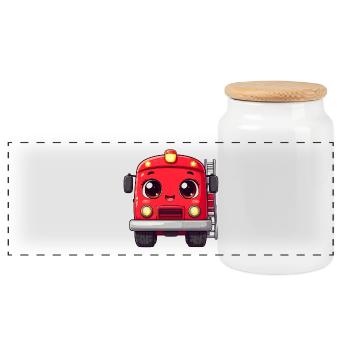 Red Kawaii Fire Truck – Cute Design - Panoramic Cookie Jar with Wooden Lid - white - Front