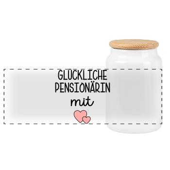 Herz - Glückliche Pensionärin - Panorama Keksdose mit Holzdeckel - Weiß - Vorne