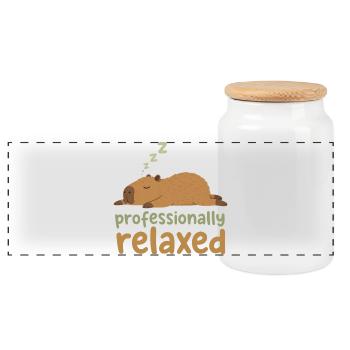 Cabybara Nap: Professionally Relaxed - Panoramic Cookie Jar with Wooden Lid - white - Front